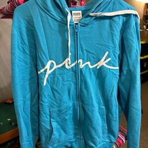 PINK Victoria's Secret Turquoise Zip-Up Hoodie with White Script